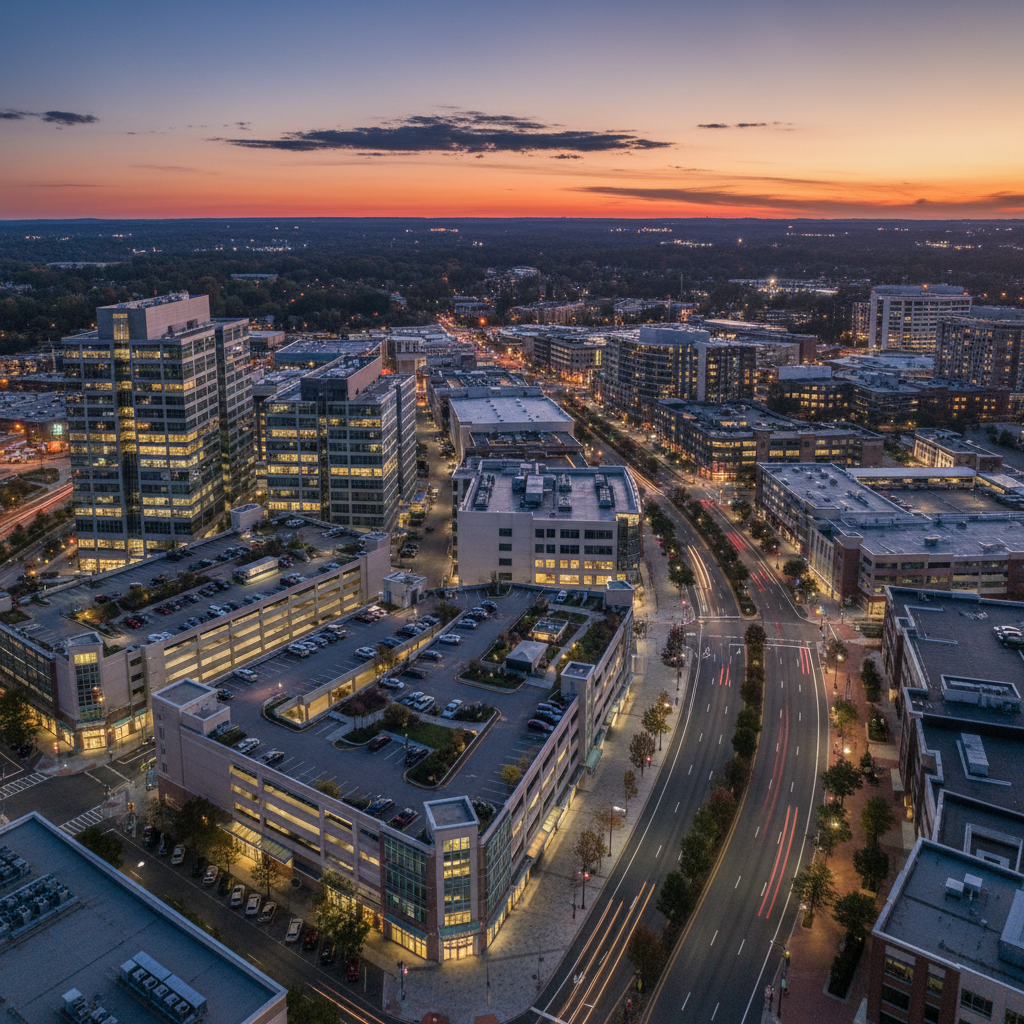 A twilight aerial view of a Northern Virginia commercial corridor, captured in high-resolution photographic realism, showcasing a cluster of office buildings and retail centers arranged along a curving boulevard. Building rooftops reveal well-maintained mechanical areas and green roof sections, while structured parking is neatly integrated into the urban fabric. The sky glows deep blue with the last hints of sunset on the horizon, and interior office lights create a warm grid of illumination within the glass façades. Streetlights cast soft pools of light on the tree-lined roads and sidewalks. The composition is wide and cinematic, emphasizing the scale and interconnectedness of the properties. The mood is confident and forward-looking, suggesting a mature, thriving investment market managed with a long-term perspective.