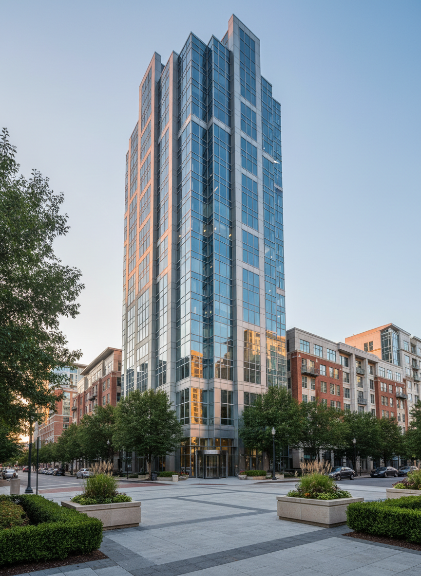 A sleek Class A office building in Northern Virginia, featuring a glass and steel façade with subtle blue reflections, stands prominently at a landscaped intersection. Mature trees, carefully manicured hedges, and stone planters line the wide pedestrian walkway leading to an understated revolving door. Soft late-afternoon sunlight washes across the façade, creating clean vertical highlights and crisp shadows along the architectural lines. Captured at a slightly low, three-quarter angle in photographic realism, the composition emphasizes height and solidity while preserving context of nearby mixed-use buildings. The mood is sophisticated and stable, suggesting long-term investment quality in a thriving commercial corridor, with sharp focus throughout and a clear, modern aesthetic suited for a professional real estate firm’s homepage hero image.