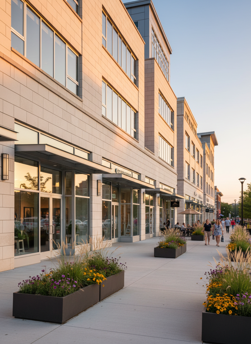 A mixed-use commercial block in Northern Virginia, captured in photographic realism at golden hour, with ground-floor retail spaces featuring expansive glass storefronts and brushed metal framing beneath several stories of modern offices clad in light stone. Warm sunlight grazes the façades, highlighting subtle texture variations and casting soft, elongated shadows across a wide, clean sidewalk edged with planters of ornamental grasses and seasonal flowers. The camera angle is slightly elevated and oblique, giving a clear view down the corridor of shops and offices, with sharp focus and a balanced composition. The mood is vibrant yet composed, suggesting healthy tenant activity and strong neighborhood fundamentals, ideal to represent a diversified property management portfolio.