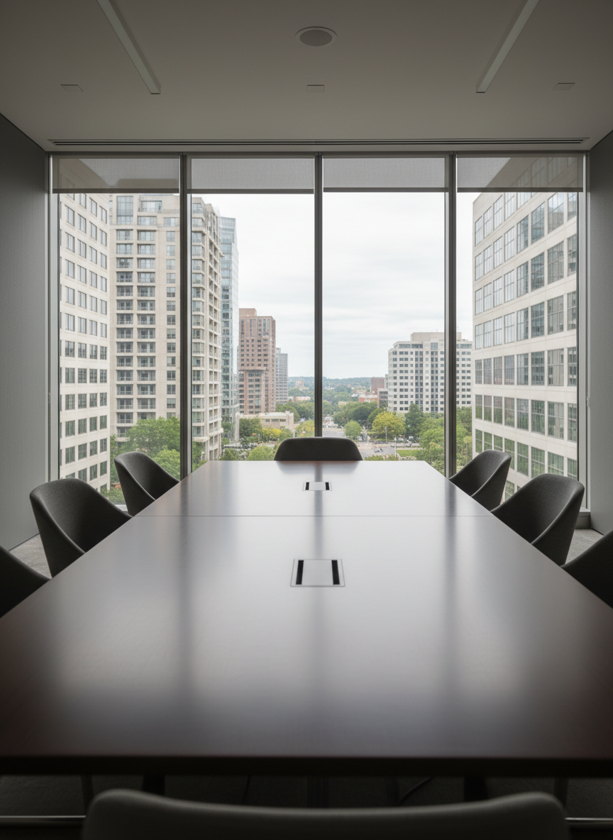 A sophisticated, high-end conference room in a Northern Virginia office building, featuring a long, dark wood table with a satin finish, integrated cable management, and sleek metal legs, surrounded by low-profile, ergonomic chairs rendered as abstract contemporary forms without visible occupants. A floor-to-ceiling glass wall reveals an expansive view of neighboring office towers and tree-lined streets. Soft, diffused daylight filters through exterior sunshades, creating gentle gradients of light on the matte gray walls and ceiling. The photograph is shot from one end of the table with a shallow depth of field that keeps the room in clear focus while letting the cityscape soften in the distance. The atmosphere is composed, strategic, and refined, underscoring thoughtful asset management and executive-level decision-making.