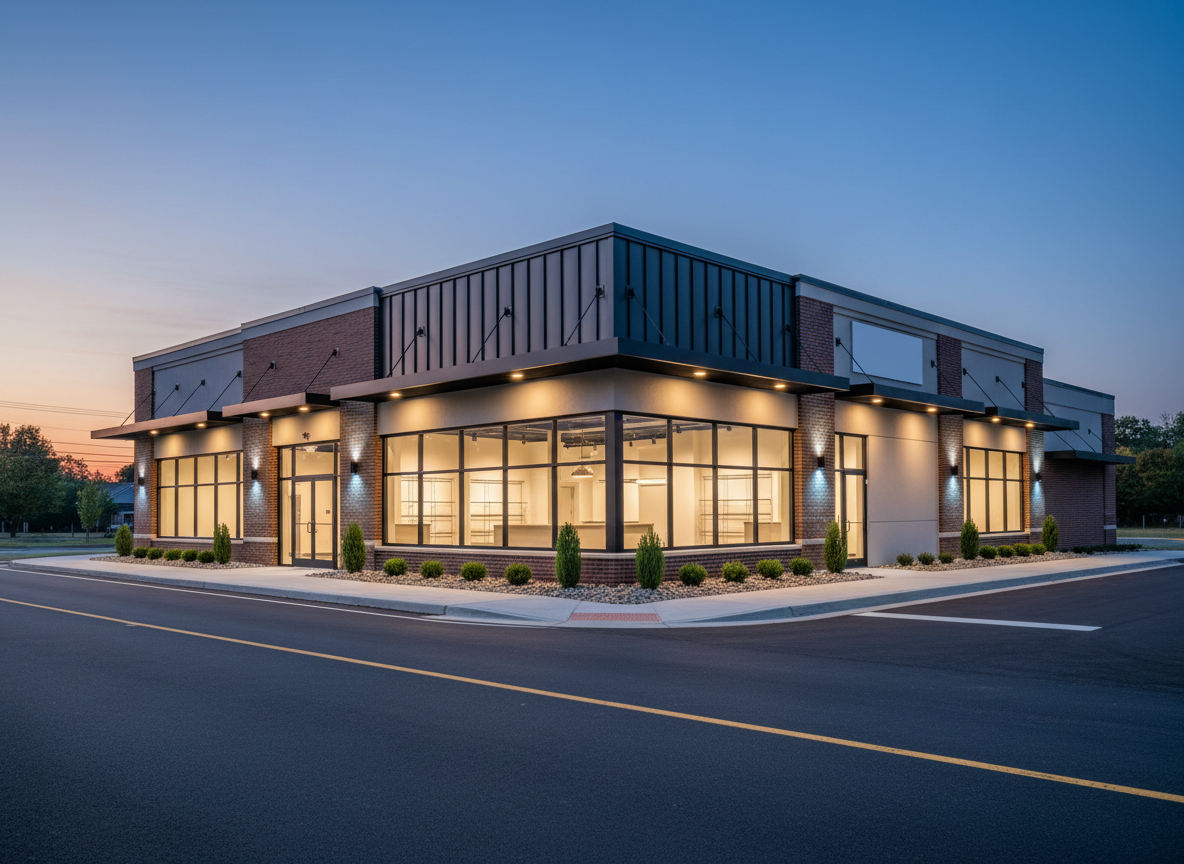 A close-up, street-level perspective of a premium retail pad site in Northern Virginia, anchored by a modern single-story commercial building with a combination of brick, smooth stucco, and dark metal cladding. Large corner windows and deep overhangs create visual interest, while carefully arranged landscaping beds with river rock, low shrubs, and uplighting accent the façade. Early evening light mingles with discrete exterior architectural lighting, creating a sophisticated interplay of warm and cool tones on the materials. The photographic composition frames the building slightly off-center with a low angle, emphasizing the inviting storefront and clear visibility from the adjacent roadway. The mood is polished and opportunity-focused, highlighting well-located retail investments within a broader commercial portfolio.