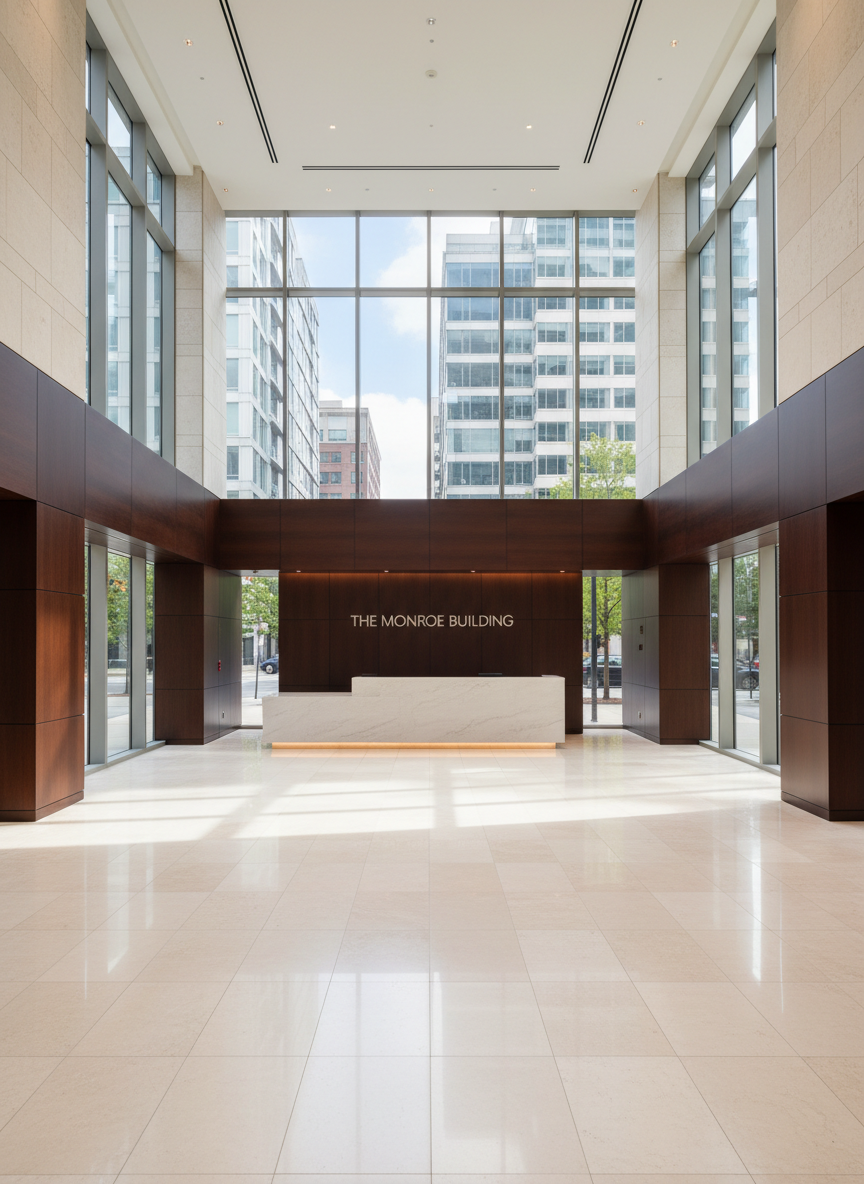 An elegant, sunlit Northern Virginia office lobby with double-height ceilings and floor-to-ceiling windows framing a glimpse of a modern commercial streetscape outside. Polished limestone flooring, dark wood wall panels, and a minimalist concierge desk crafted from white stone establish a refined, timeless aesthetic. Natural mid-morning light pours in, creating elongated reflections on the floor and subtle contrasts on the textured walls. Shot from an eye-level perspective toward the windows, with a wide-angle composition that showcases both the grand scale and precise detailing. No people are present, emphasizing the architecture, materials, and sense of order. The atmosphere is calm, welcoming, and upscale, conveying the professionalism and quality typical of carefully managed commercial real estate assets.